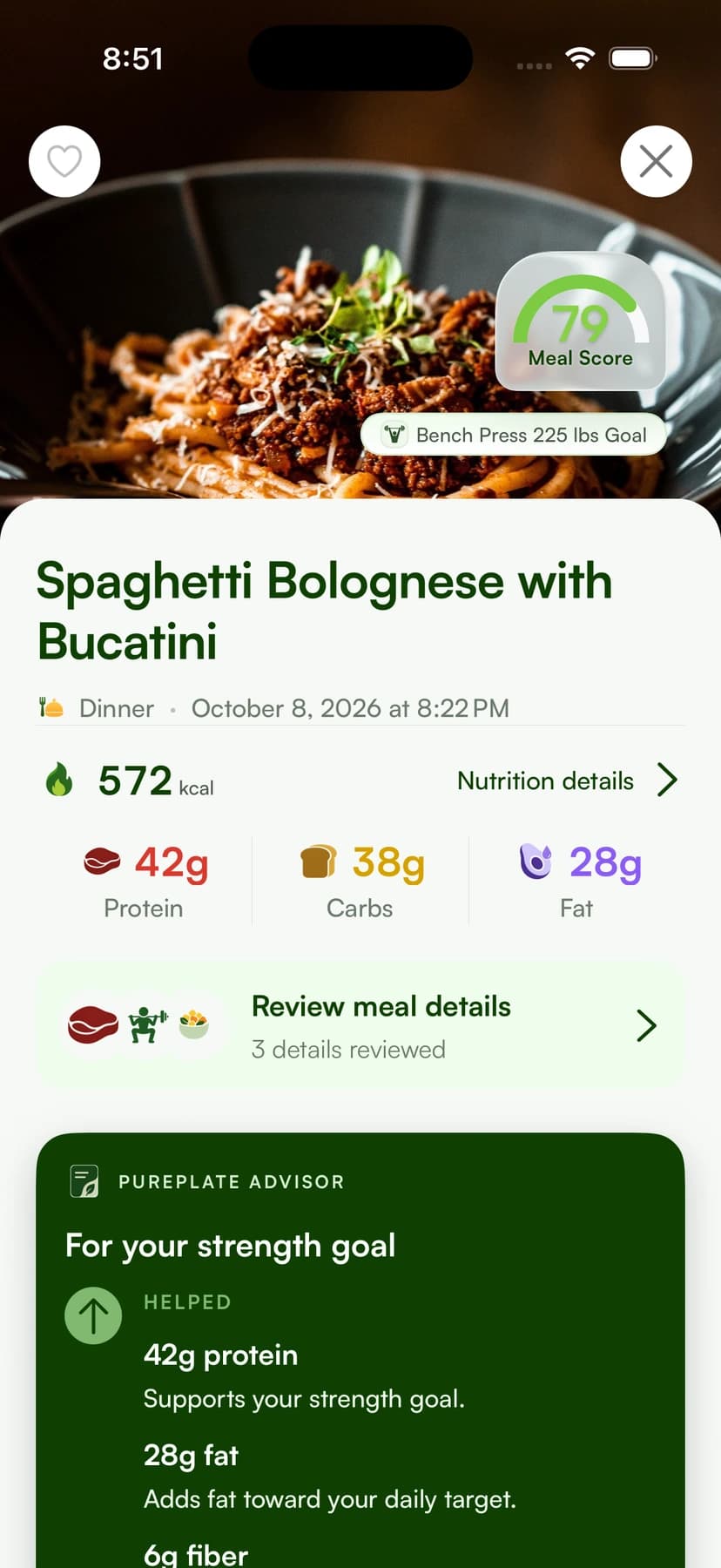 Actual PurePlate app capture: Bench Press 225 lbs goal, Meal Score 79, 572 kcal, 42g protein, 38g carbs and 28g fat.