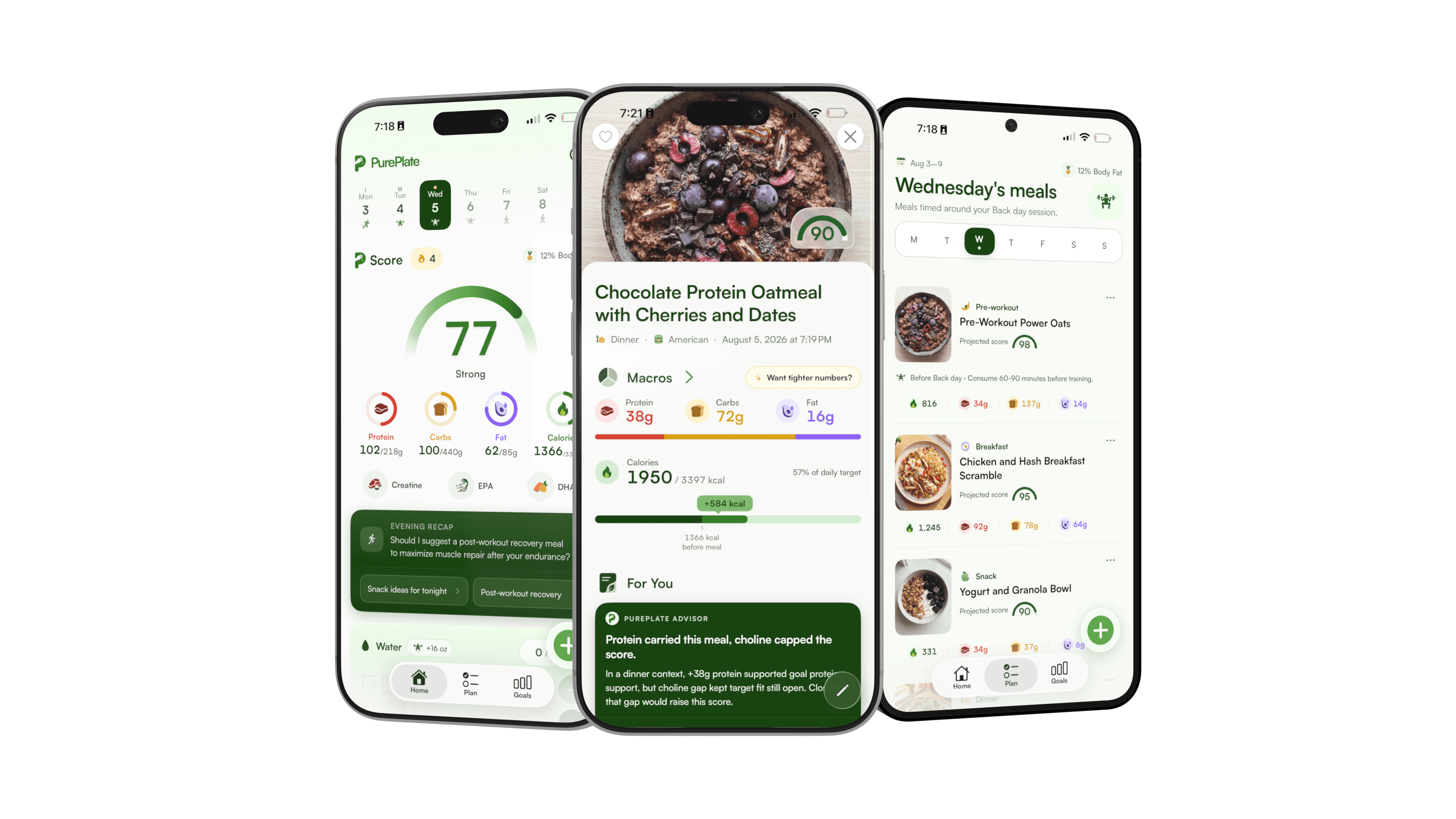 Three PurePlate app screens showing the daily score, meal analysis, and a goal-aware meal plan