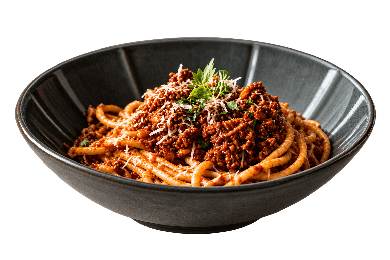 Bolognese pasta with fresh herbs in a charcoal ceramic bowl.