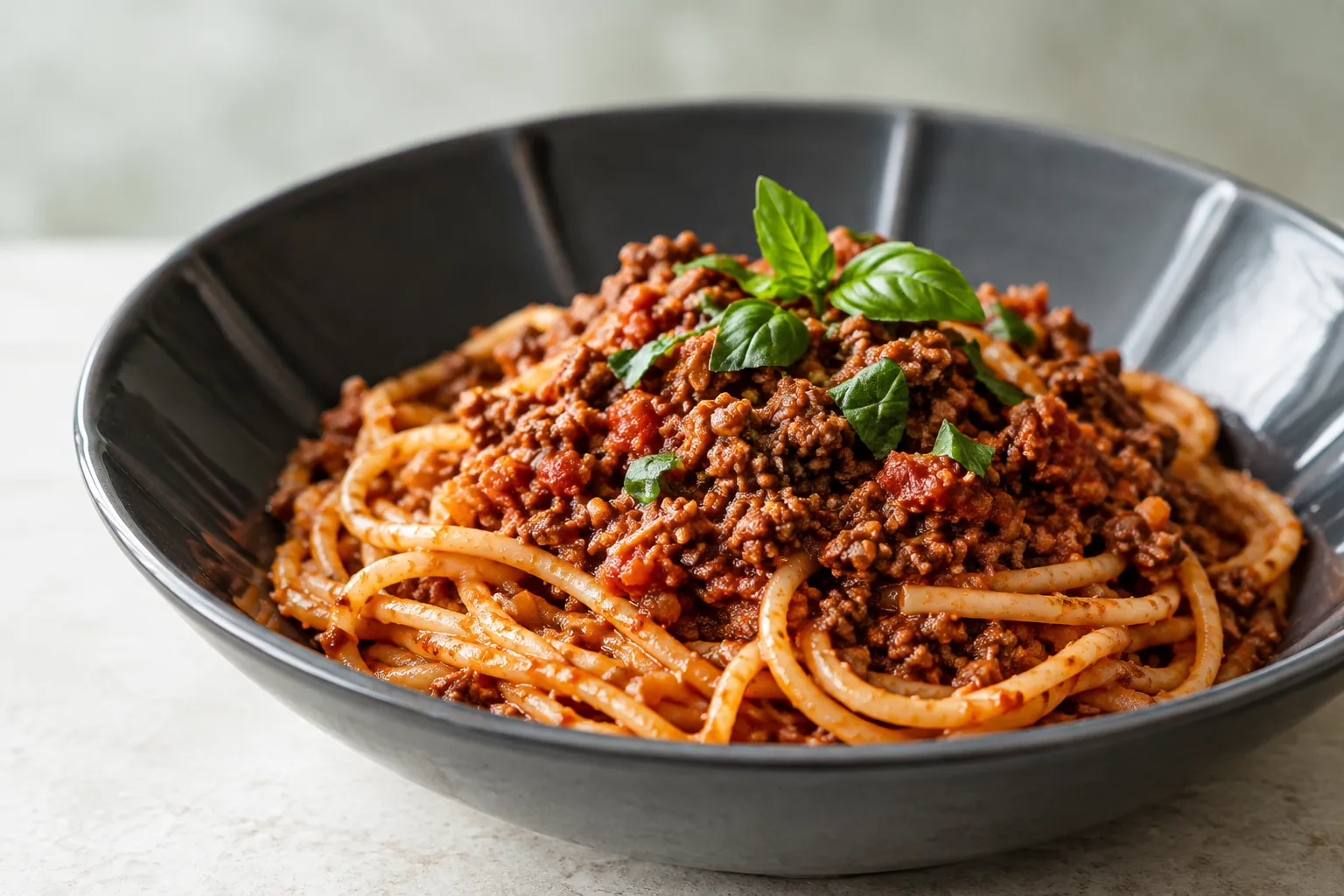 Spaghetti Bolognese in a charcoal bowl with fresh basil.